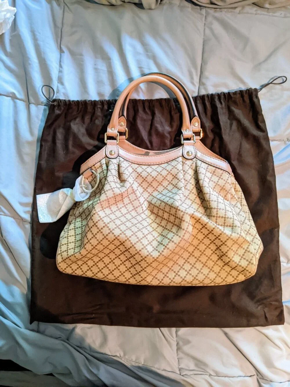 New Authentic Gucci Beige Diamante Medium Sukey Tote Canvas Leather Powder Pink
